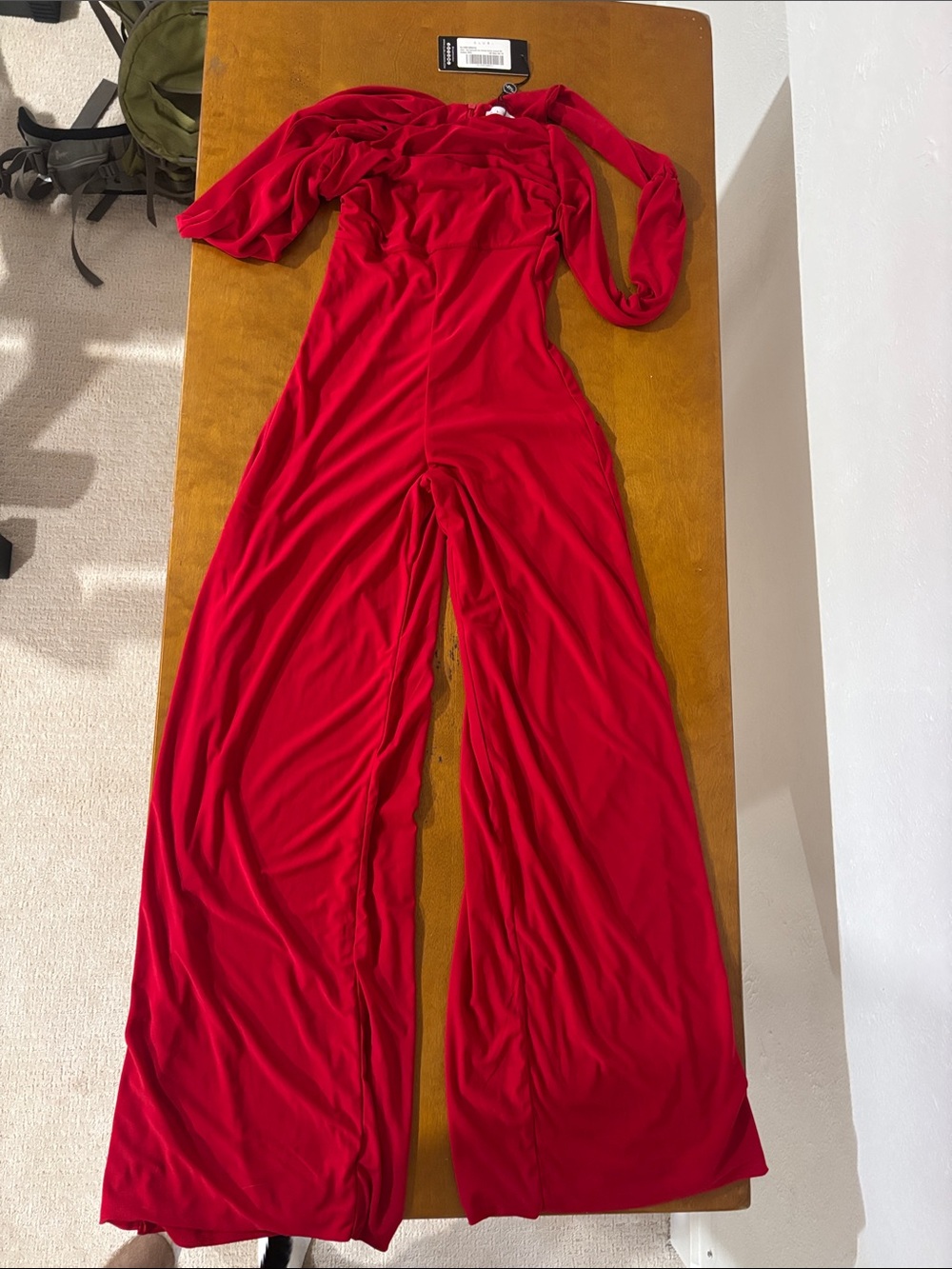 Club L London Red Wide-Leg Jumpsuit with Puff Sleeves
